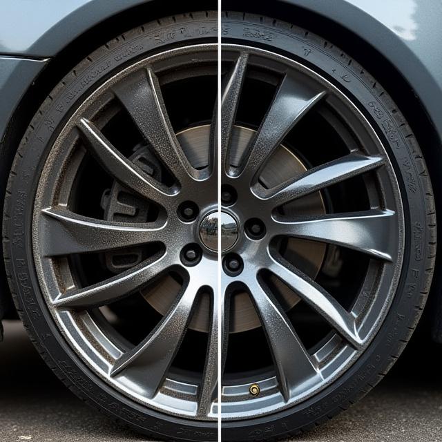 Splitbillede af beskidt og ren fælg